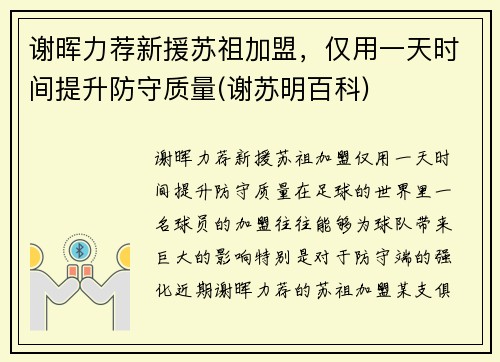 谢晖力荐新援苏祖加盟，仅用一天时间提升防守质量(谢苏明百科)