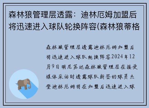 森林狼管理层透露：迪林厄姆加盟后将迅速进入球队轮换阵容(森林狼蒂格)