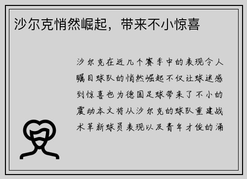 沙尔克悄然崛起，带来不小惊喜