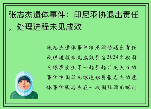 张志杰遗体事件：印尼羽协退出责任，处理进程未见成效